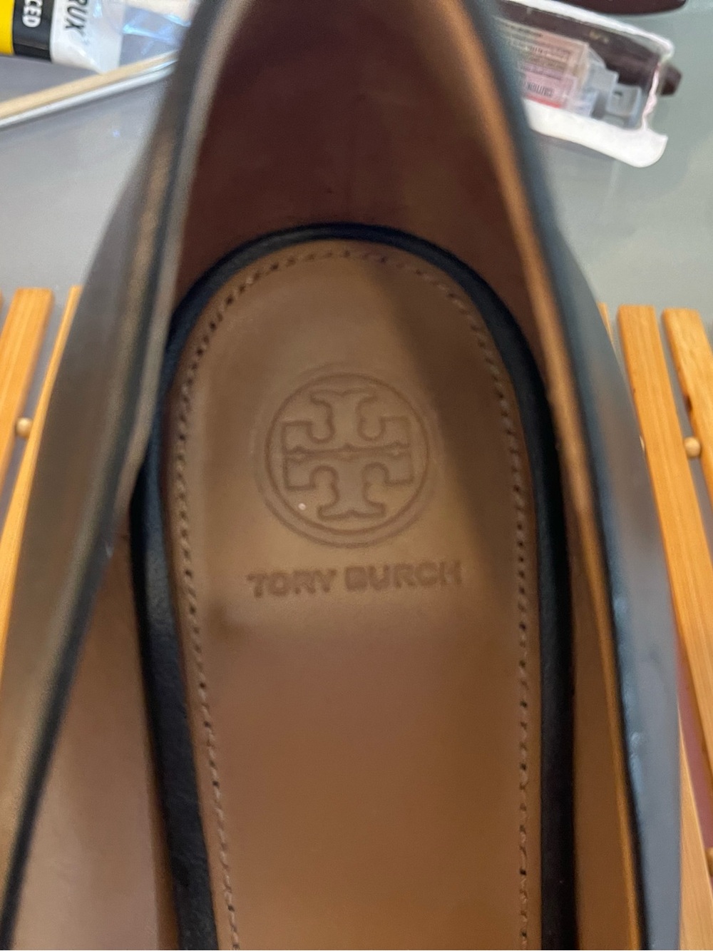 Tory Burch Black Leather wedge pumps with Gold Logo Medallions, 4” heel. - Picture 7 of 10